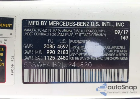 2018 Mercedes-Benz C 300 из США, поврежденный, VIN 55SWF4JB9JU245820